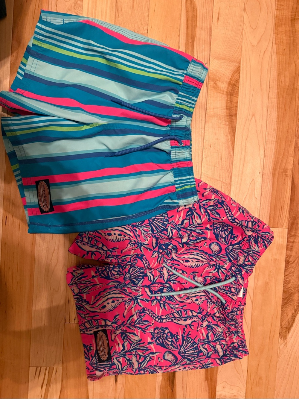 Vineyard Vines Kids Striped Teal & Pink Swim Trunks